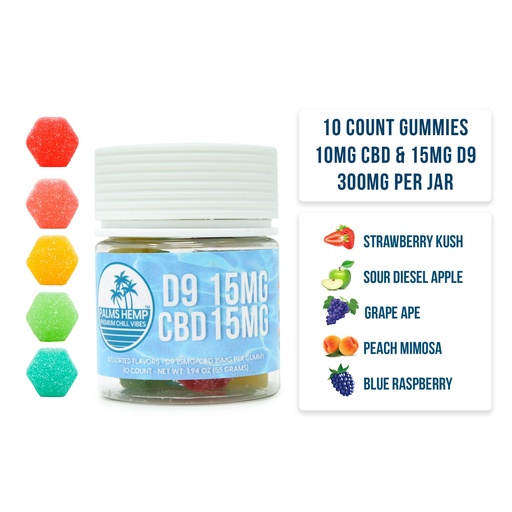 [196852195022] D9 15mg + Cbd 15mg - Palms Gummy 10Ct